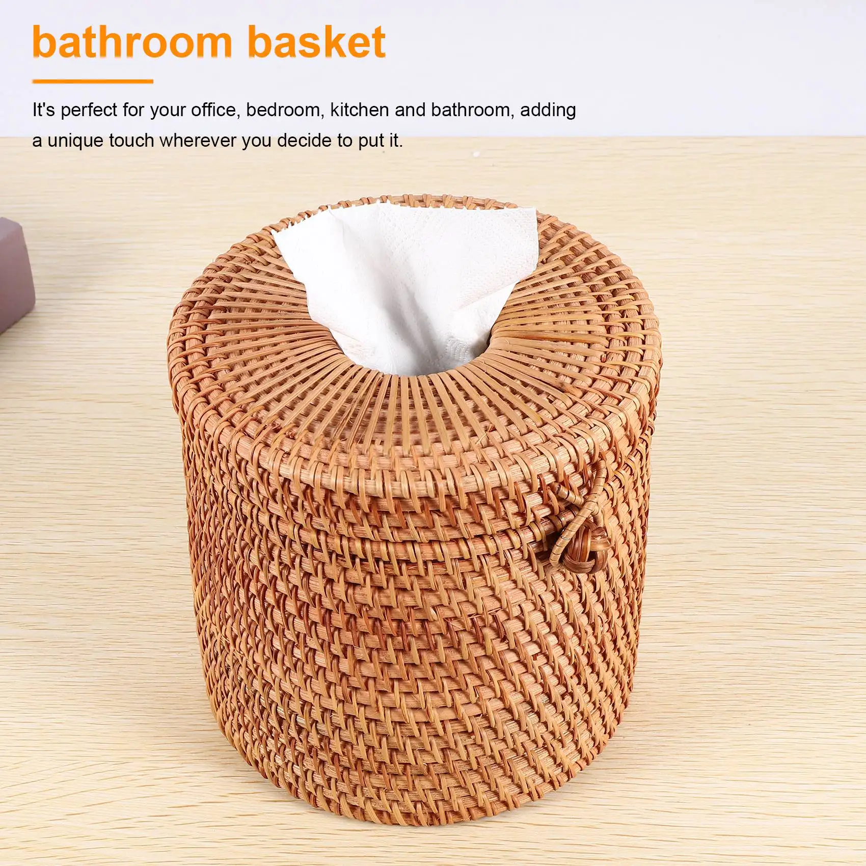 AA26P Rattan Tissue Box Toilet Paper Cover Wicker Decorative Holders with Lid for Storage Single Roll and Tissues in Bathroom