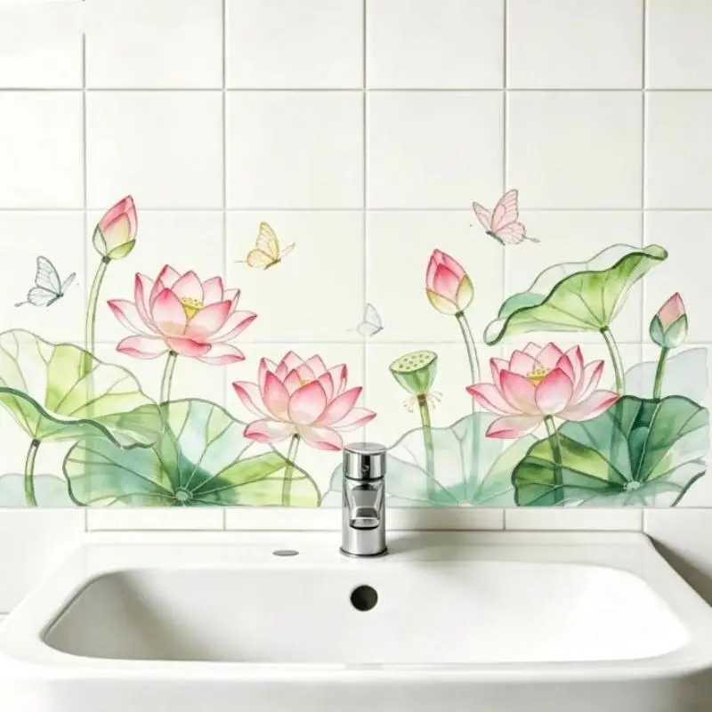 Fresh Lotus Flower Sink Area Wall Sticker, Self-Adhesive Removable Waterproof Bathroom Decoration