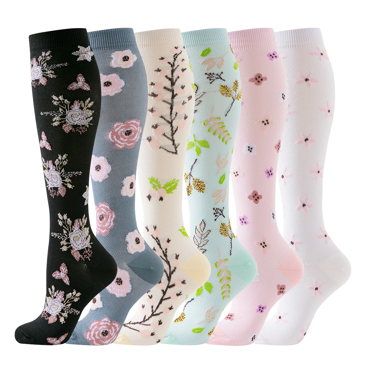 Calcetines de compresión con flores para mujer, medias deportivas para enfermera, correr, 6 pares