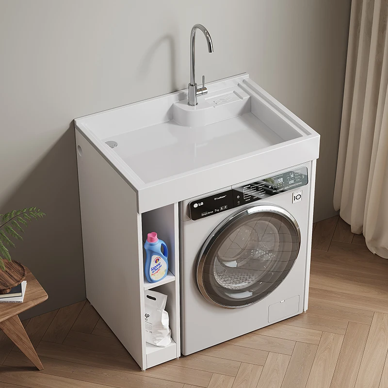 Small apartment laundry cabinet washing machine significant other combined cabinet integrated basin with washboard quartz stone