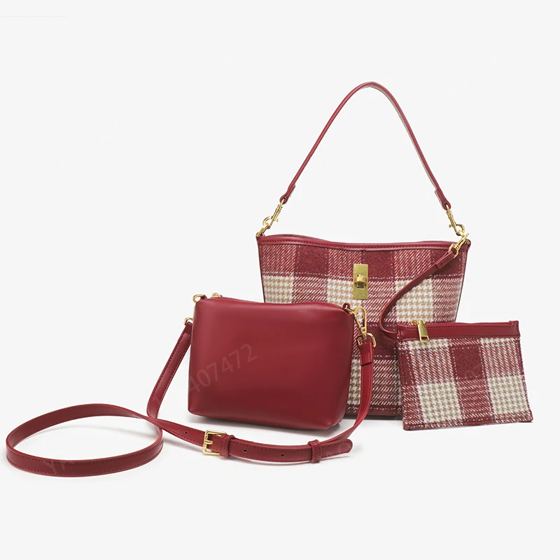 Yao Dong Bridal Bag Wedding Plaid Bucket Bags For Women Luxury Designer Handbags Purses 2023 New In Red Three Piece Set Wallet C