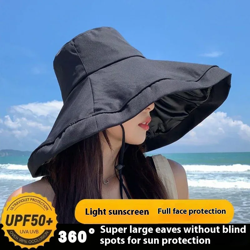 Sombrero de pescador plegable con aleros grandes para mujer, gorro de pescador con protección solar de Gel negro, protección UV, novedad de verano,