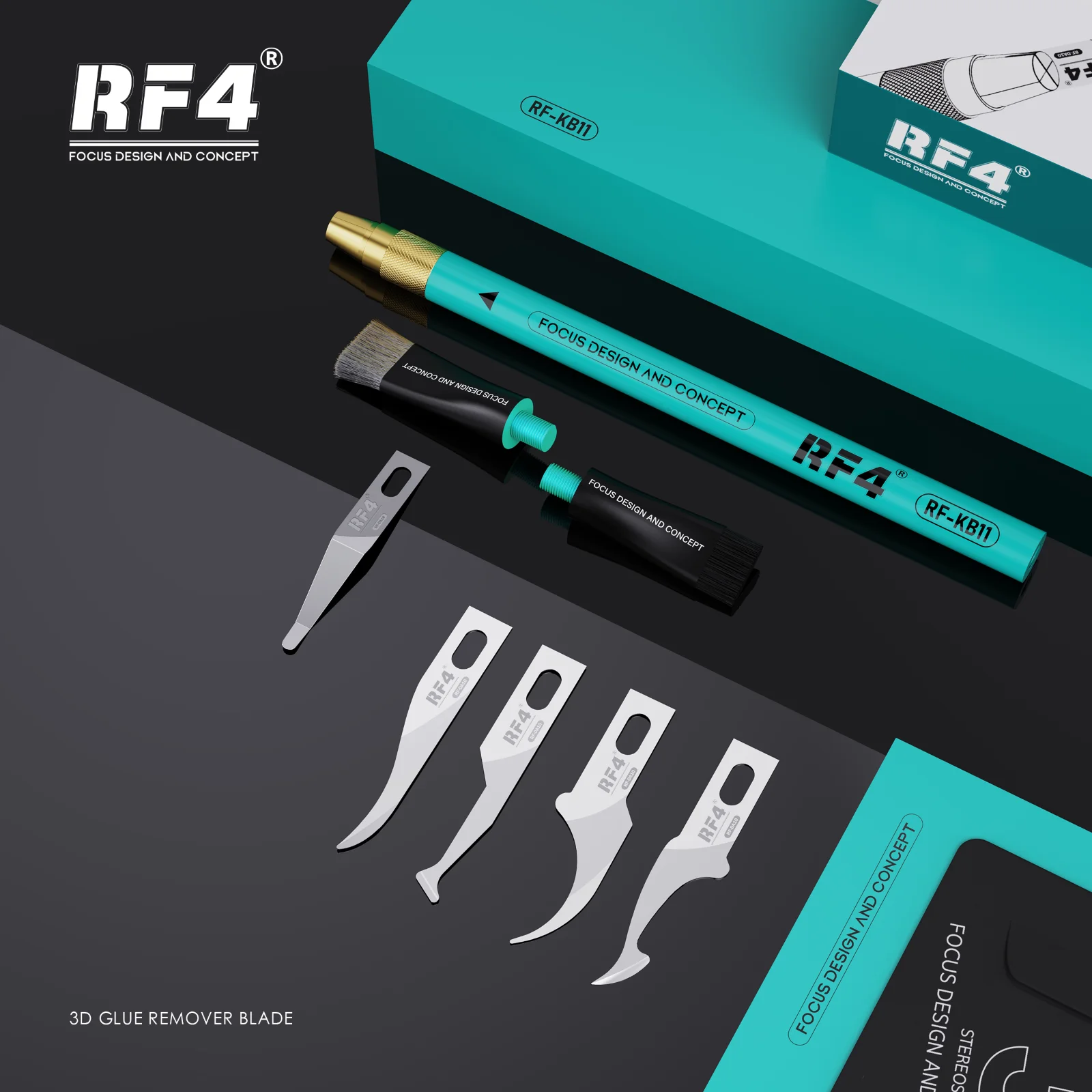 RF4 NEW 3D Glue Remover Blade IC Anti Static Brush 2 in 1 Double Headed Operation ，4 Interchangeable Head Shapes RF-KB11