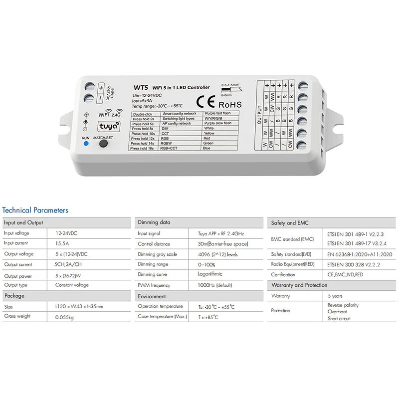 Tuya WT5 RGBCCT Controller 12-24V DC 5 in 1 Dimmer CCT RGB RGBW LED Strip Light Glass Touch Panel 2.4G RF Wifi Controller