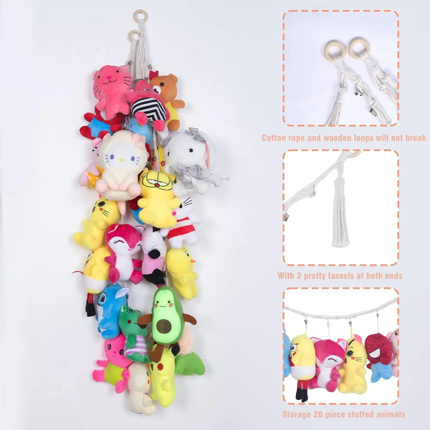 Boho Macrame Wall Hanging Storage Chain Stuffed Animals Toy Display Holder with 18 pcs Clips for Bedroom Nursery Play Room Decor