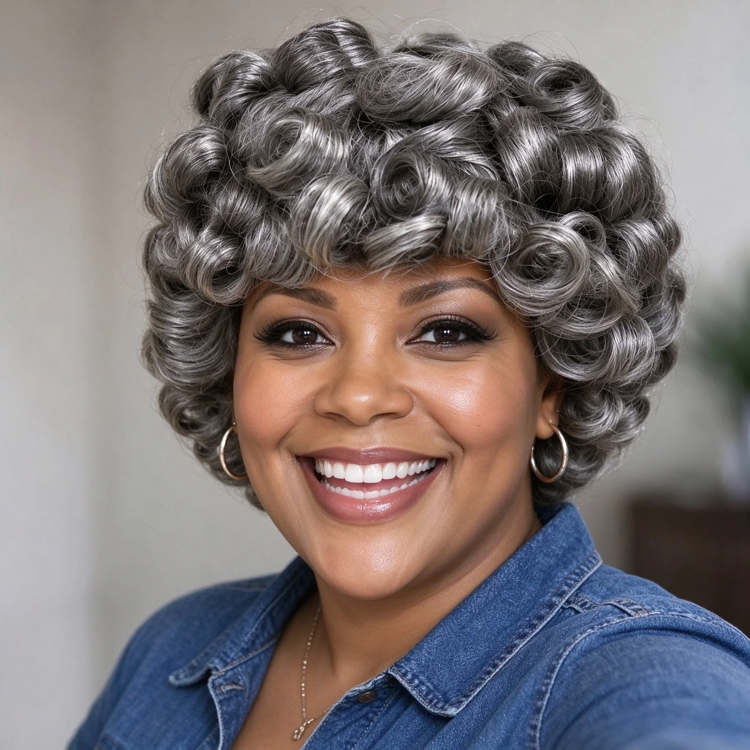 Salt And Pepper Grey Short Curly Wig With Bangs Vintage Roll Curl Full Wig For Women