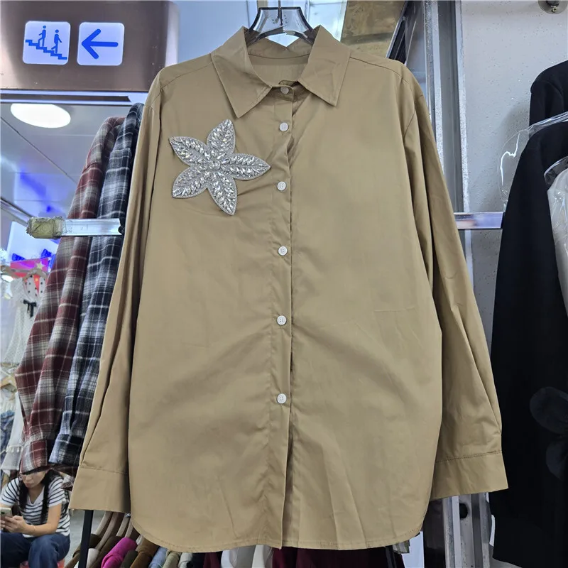 WTHT 트렌디 여성 헤비 인더스트리 다이아몬드 3D 장식 캐주얼 셔츠 2025 가을 패션 긴 소매 블라우스 여성 1LS2586