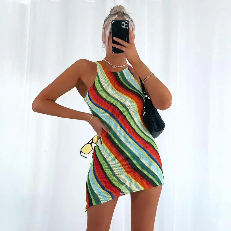 

2024 New Sexy Dress Club Fashion Slim Sleeveless Round Neck Striped Striped Dress Women 2024 Halter Tight Knit Retro Dress Party
