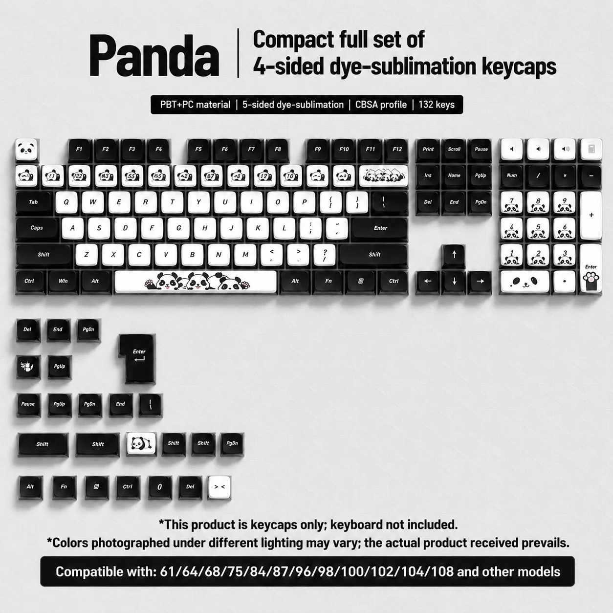 Panda Four-Sided Backlight Keycaps 132 Keys PBT+PC Material CBSA Profile For MX Switch Mechanical Keyboard ISO ANSI Layout