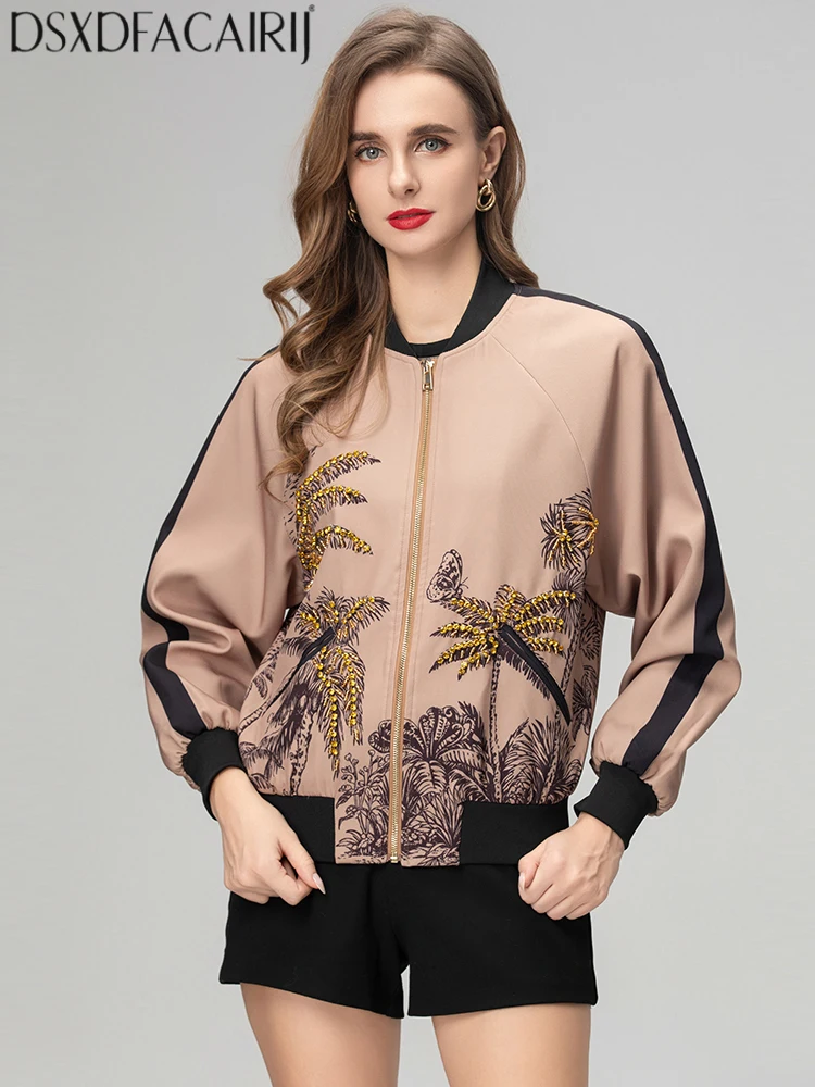 

DSXDFACAIRIJ-Женская куртка с бриллиантами и бисером, с круглым вырезом, длинными рукавами и карманами, винтажный принт, женская модная осенняя куртка