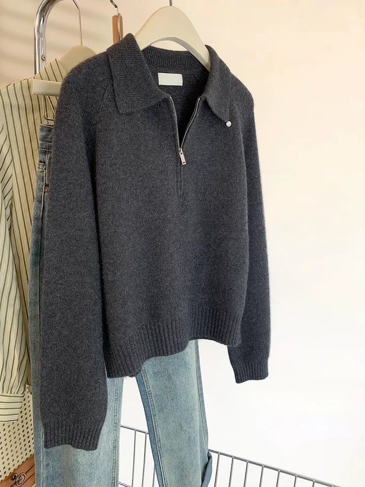 

Gray Lapel Half Zipper Sweater Women Spring Autumn Simple Solid Color Knitted Pullover 2025 New Versatile Loose Long Sleeved Top