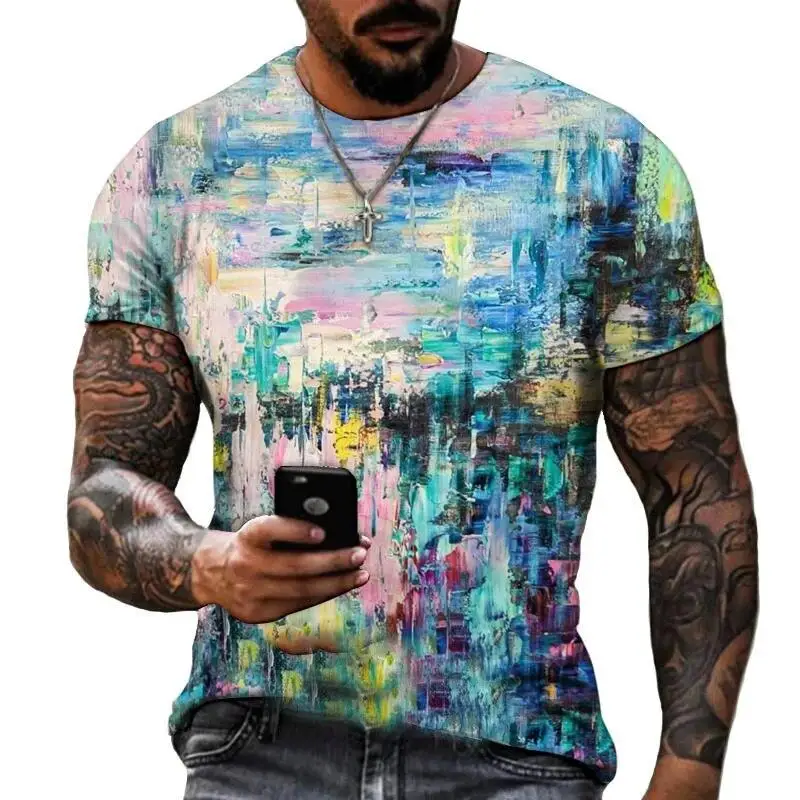 Herren 3D-Volldruck-T-Shirt Buntes Abstraktes Ölgemälde Splash Rundhals Casual Sommer Street Top – Detail 5