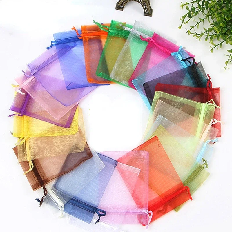 50Pcs/lot Organza Bag Jewelry Tulle Drawstring Bag For Wedding Christmas Birthday Gift Packaging