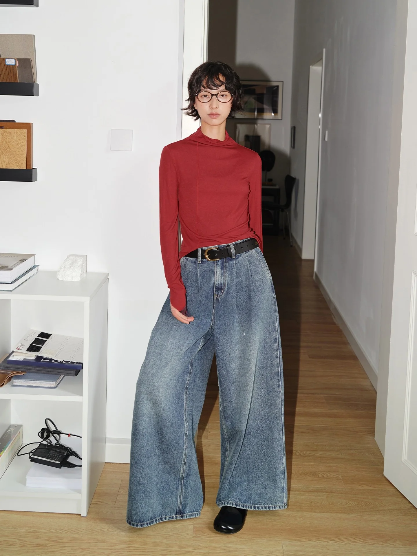 

Retro Waed Blue Cotton Blend Loose Wide Leg Jeans High Waist Straight Cut Casual Comfortable Women's Denim Trousers 6973