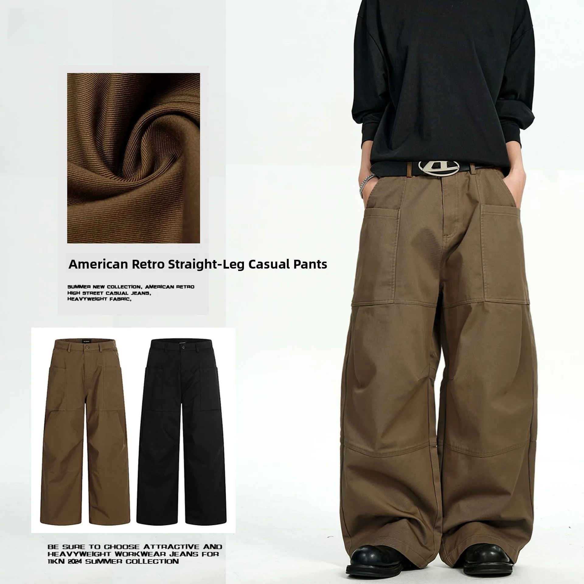 

American Sle Vintage Workwear Jeans Loose Wide Leg Men's Women's Large ket Design Casual Pants Cotton Material