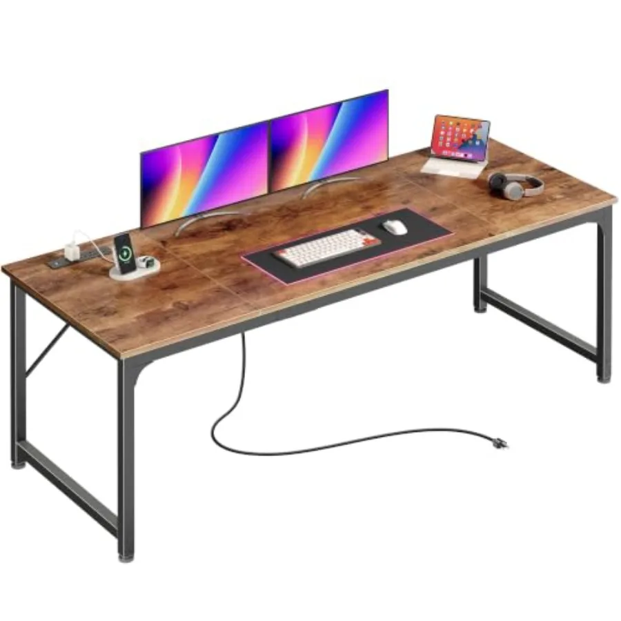 Computer Desk for Home Office Use, Engineered Wood in White, Features Built-in Power Outlets and USB-C Charging Ports