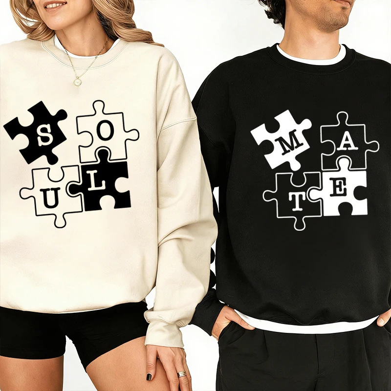 

Fun Jigsaw Puzzle "Soul Mate" Design Sweatshirt Crewneck Long Sleeve Women Men Pullover Casual Couple Matching Y2K Sudaderas