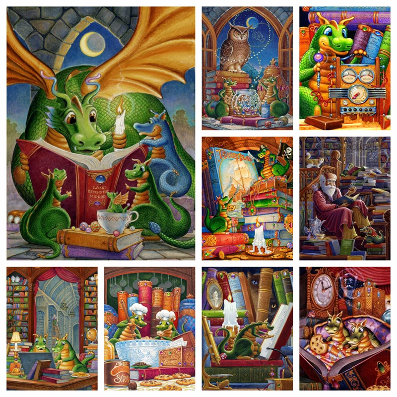 

5d Handwork Randal Spangler Moon Night Reading Dragon Diamond Painting Cute Disnosaur Play In Library Cross Stitch Kit Art Decor