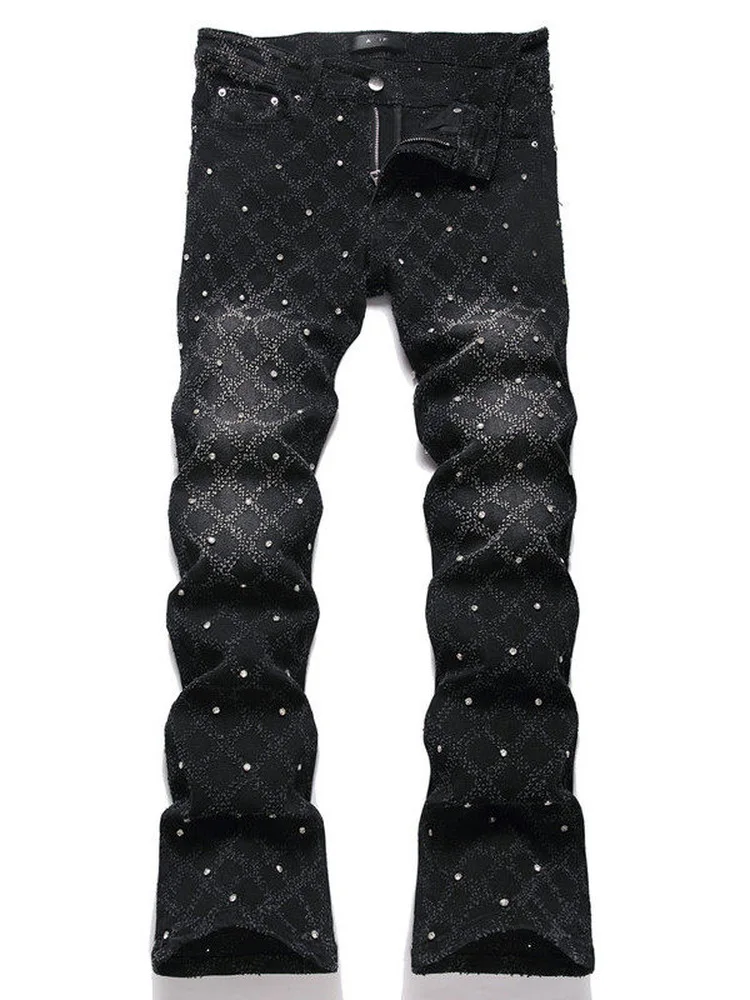 

American High Street Men's Slim Fit Straight Leg Jeans Diamond Studded Casual Versatile Lightweight Long Pants