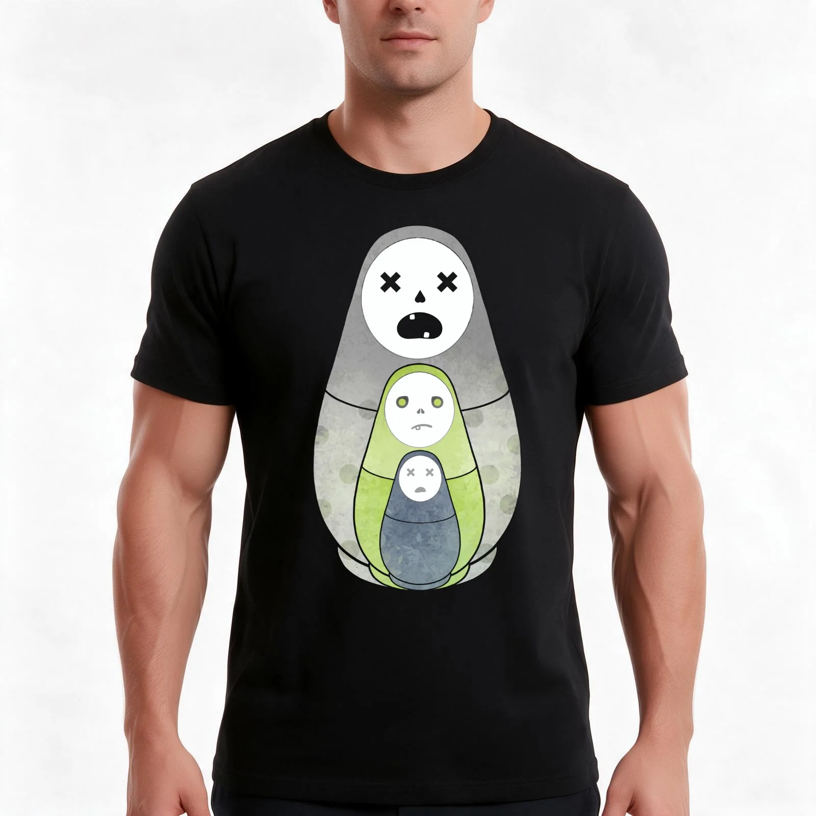 Zombie nesting dolls T-Shirt, Summer Casual Cotton Tee, Oversized Streetwear Tops, Vintage Graphic Print, Loose Fit Short Sleeve