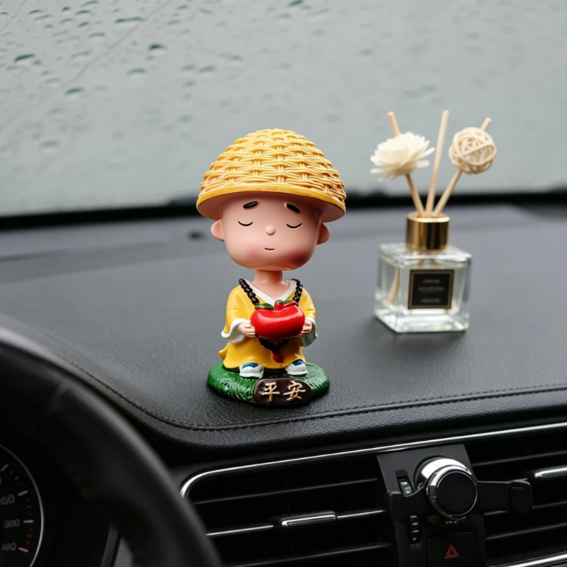 

1pc Creative Shaking Head Little Monk Car Ornament Second Goods Straw Hat Safe and Calm Car Interior Supplies