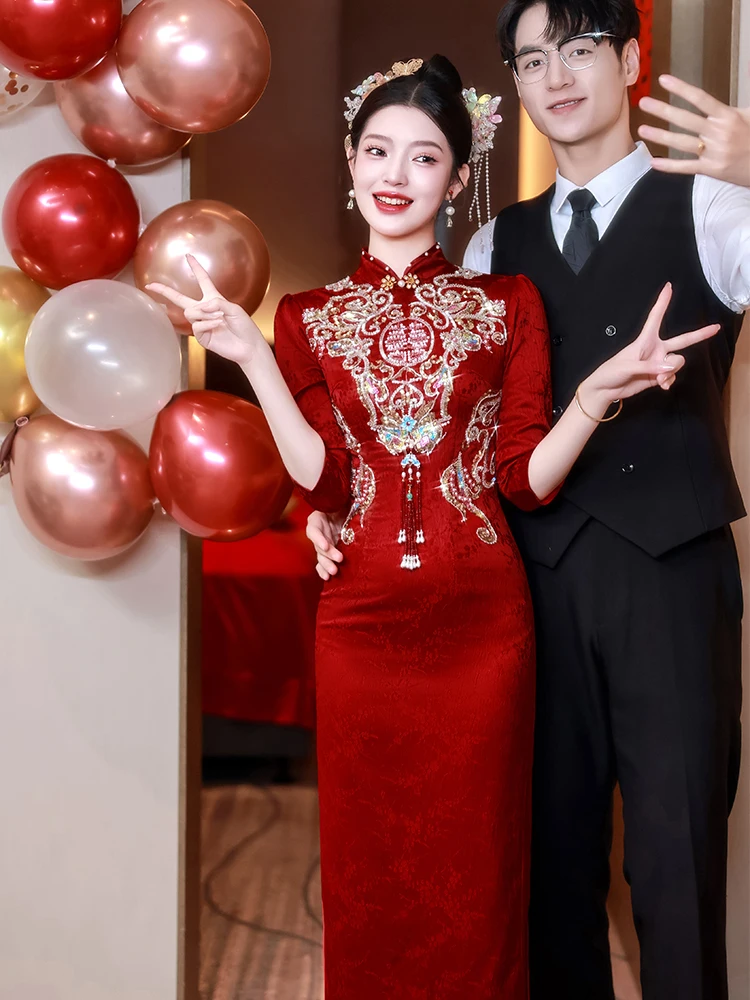 

Red Qipao Wedding Dr New Bride Ceremony Costume ort Size Cusized Heavy Embroidery Chinese Sle Marriage Formal Wear