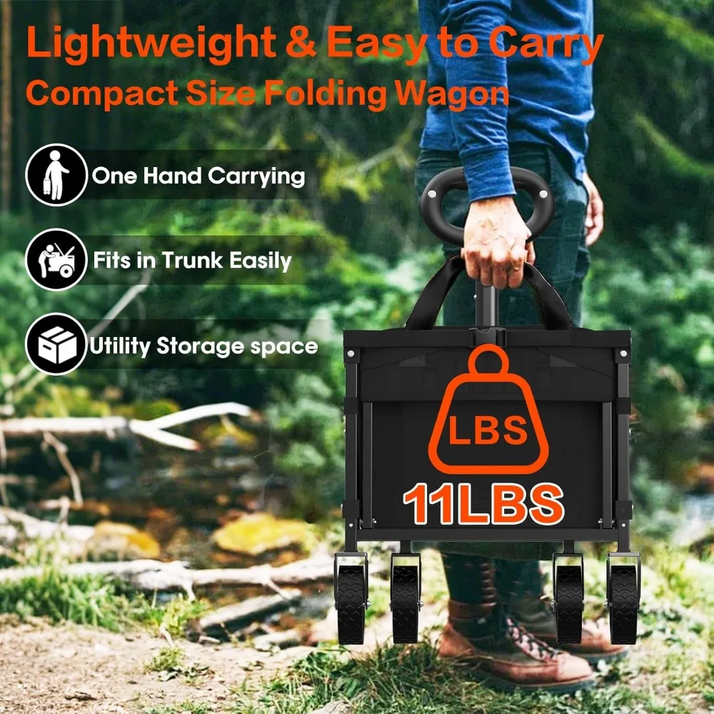 Składany wózek transportowy z kółkami i tylną klapą, wytrzymały, udźwig 163 kg, do użytku na zewnątrz, na kemping i na zakupy.