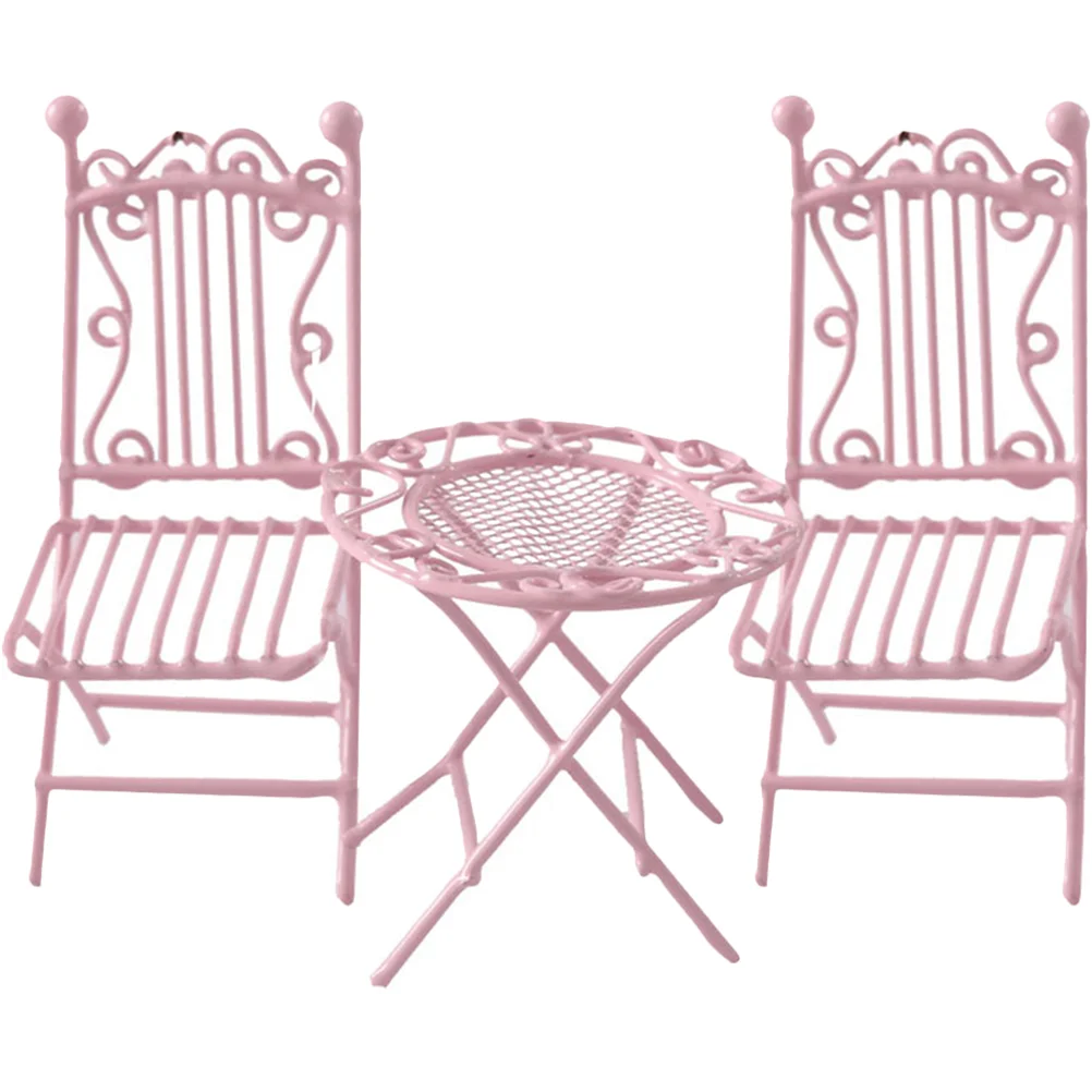 

3 Pcs Round Table Mini Wrought Iron and Chairs House Furniture Tiny Decorations Miniature