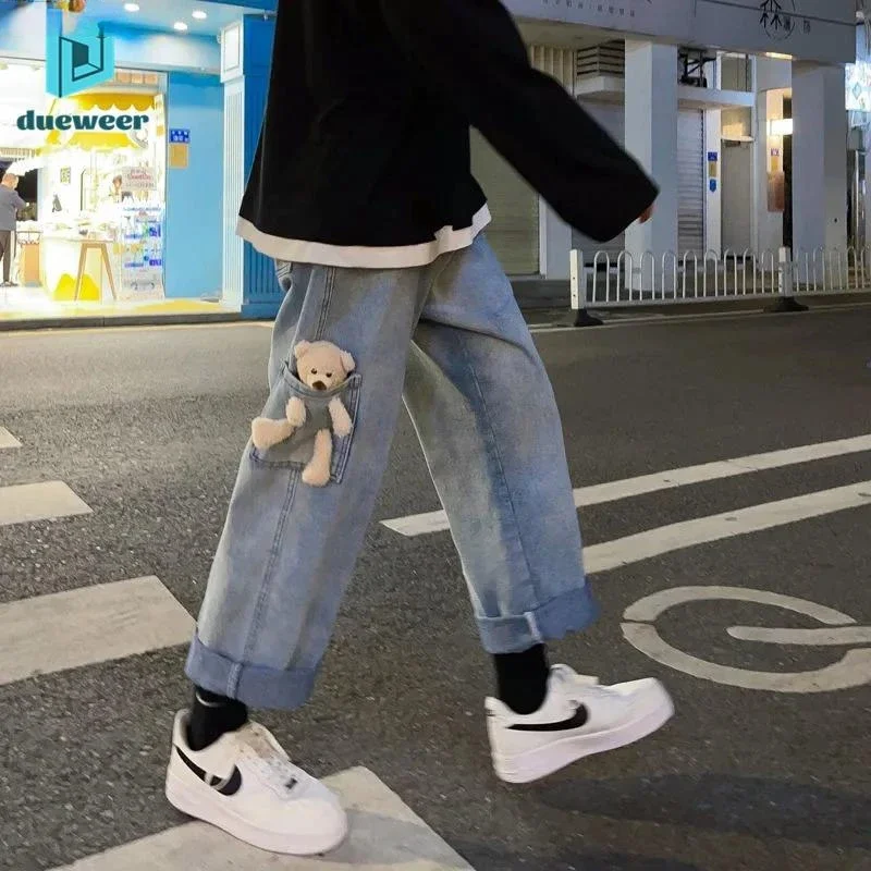 2023 New Fashion Bomb Street Jeans Men's Casual Pants Cute Pocket Bear Harajuku Wide Leg Pants Denim Pants Trend