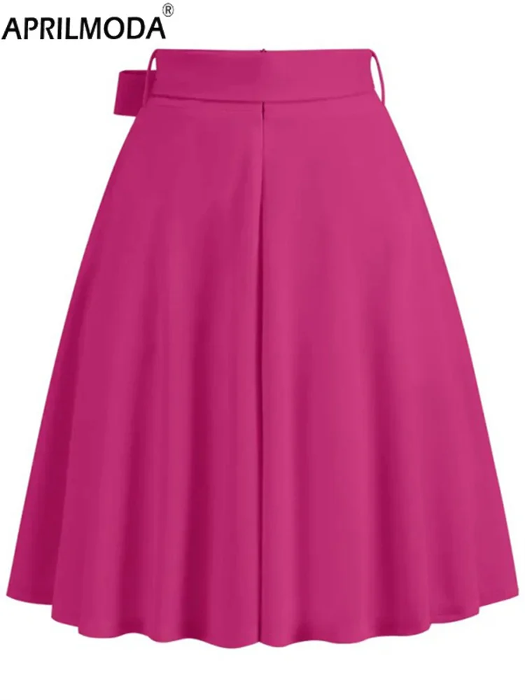 Fashion Solid Swing Midi Vintage Casual Skirt with Bow 2025 Pink Black Purple Midi Long A Line Pinup 50s Style Rockabilly Skirts