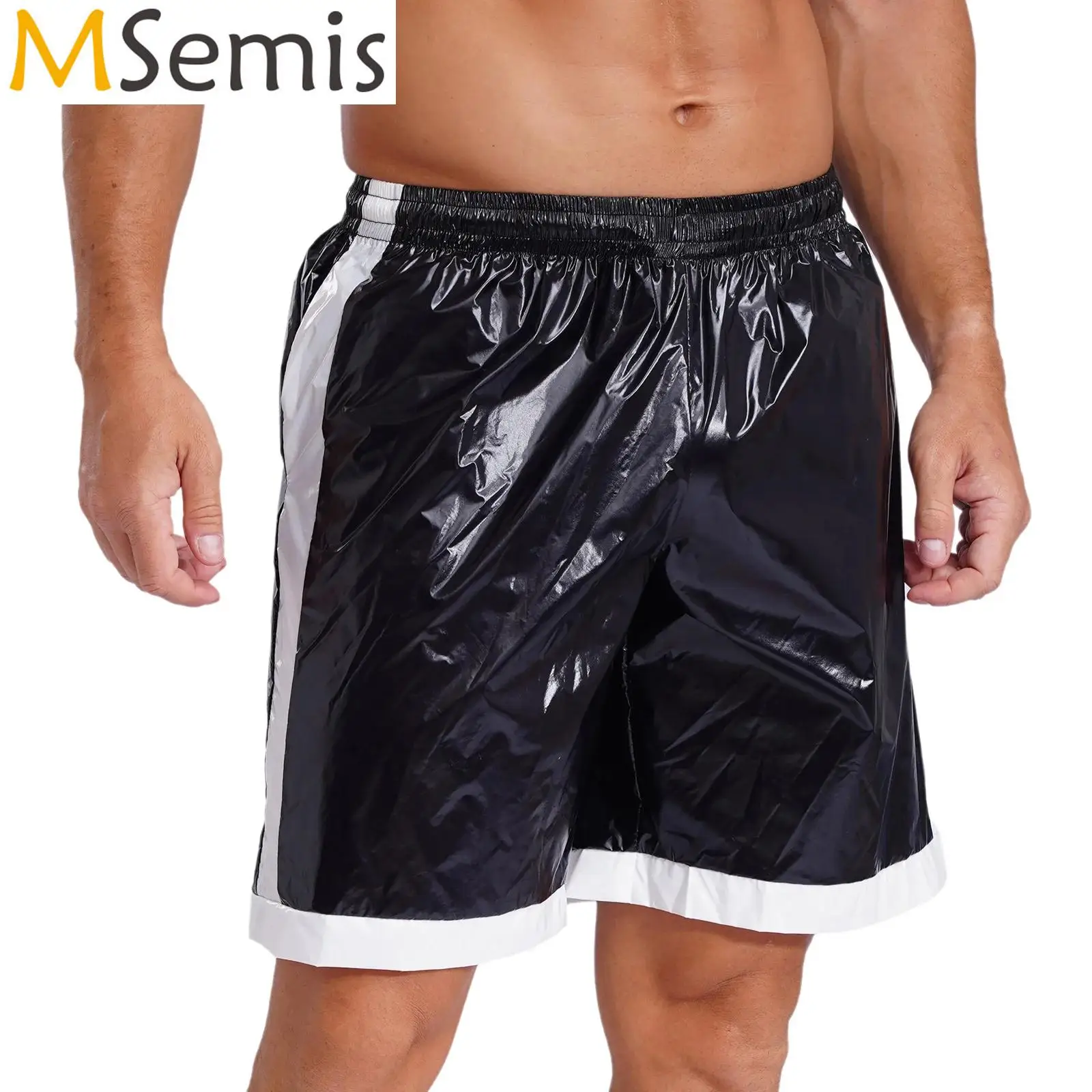 Mens Wet Look Boxer Shorts with Drawstring Swimwear Swimming Trunck Wet Look Contrast Stripes Loose Boxer Shorts Loungewear