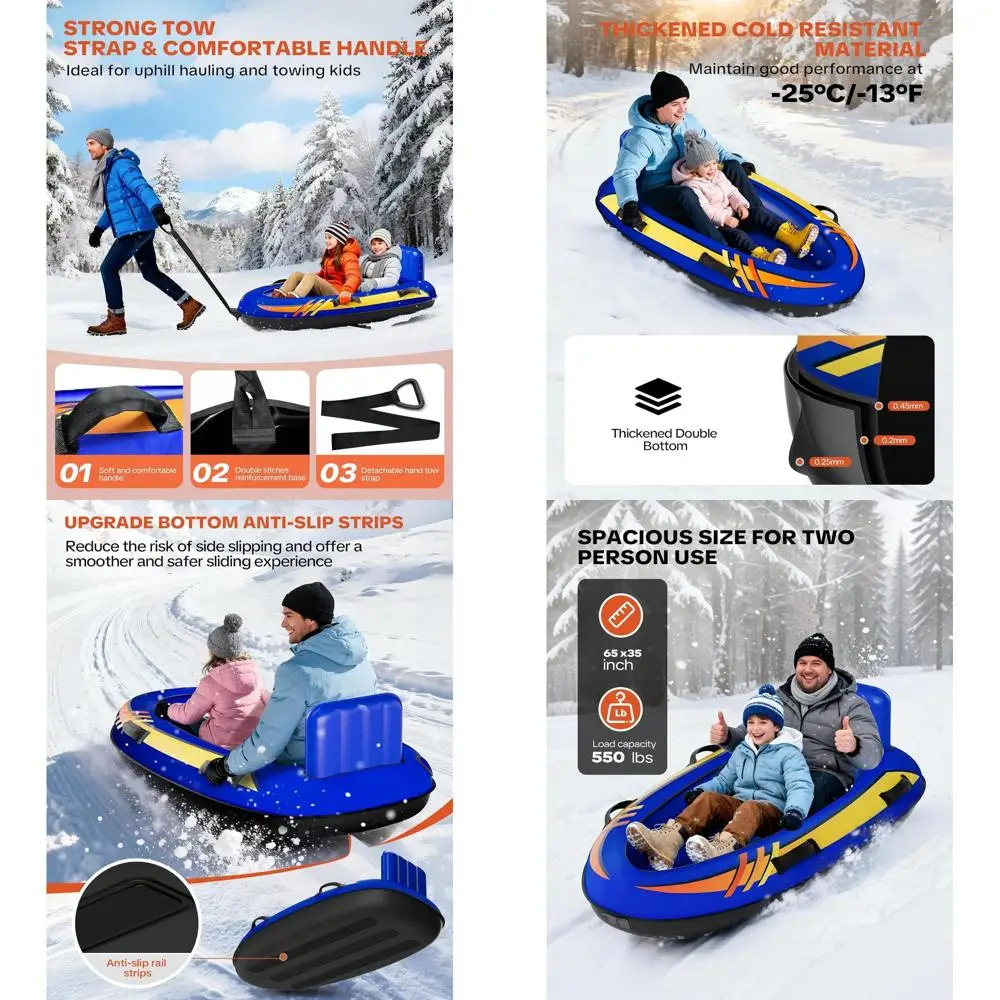 

Durable 2-Person Inflatable Snow Sled with Canvas Cover, Backrest, and Handles for Winter Sledding Fun