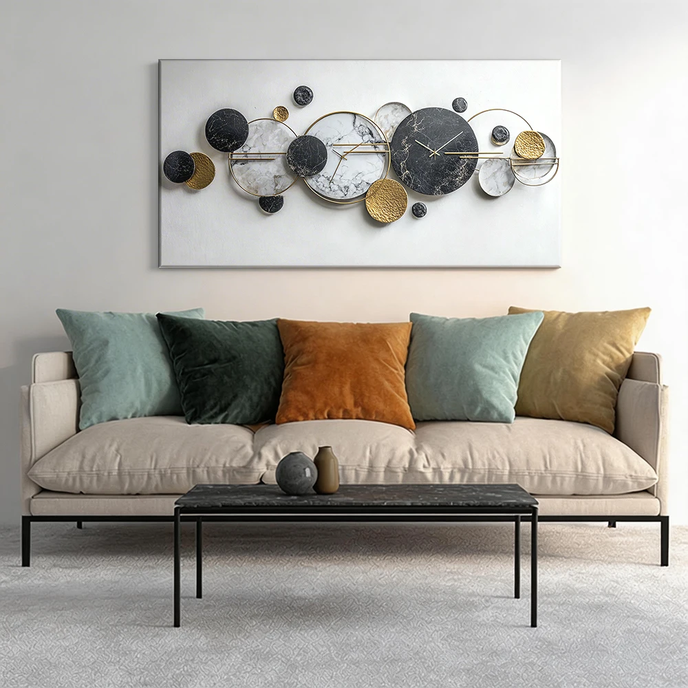 Cuadro de lienzo con marco de madera maciza de gran tamaño, 1 pieza, reloj de pared, elementos de mármol dorado.