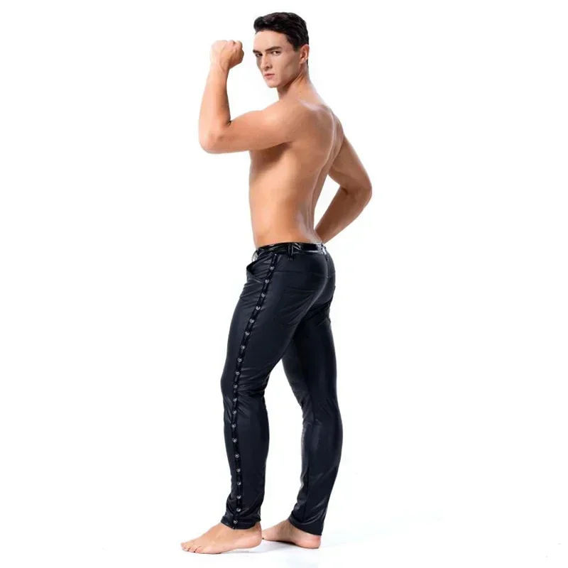 Men Black Skinny Pants Stretch Leggings Sexy Latex Long Trousers Dance Costume PVC Faux Singers Dancer Dance Latex Leggings