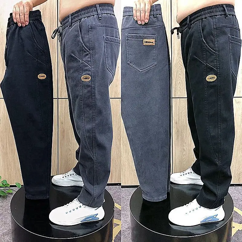 Men's Stretch Denim Dad Jeans, High Waist Relaxed Fit Straight Leg Pants, Washed Casual Loose Trousers for Everyday Wear