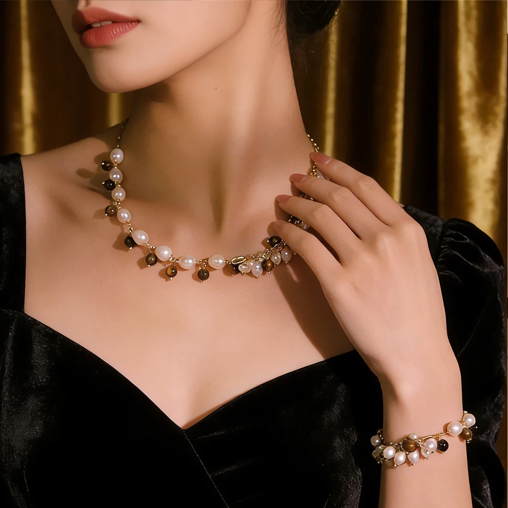 

Оригинальный натуральный жемчуг, тигровый глаз, цепочка, ожерелье, браслет, набор для женщин, модные очаровательные бусины, колье, воротник, ювелирные аксессуары, подарки