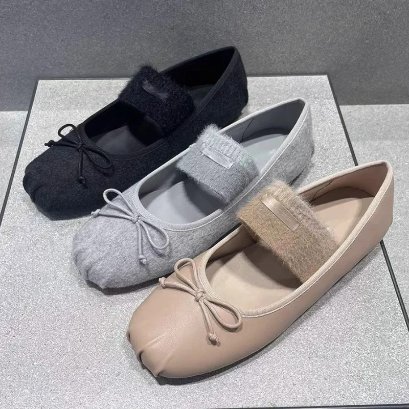 

Осень-зима, теплые пушистые балетки, женские удобные дизайнерские туфли Мэри Джейн с бантом и круглым носком, элегантные вечерние модельные туфли, лоферы