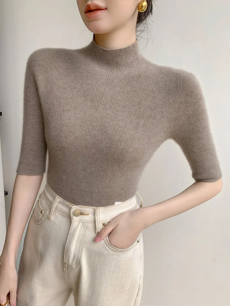 

Women's Slim Mock-Neck Short Sleeve Pullover Sweater Solid Basic Soft 100% Merino Wool Knitwear Spring Autumn Tops New Fashion