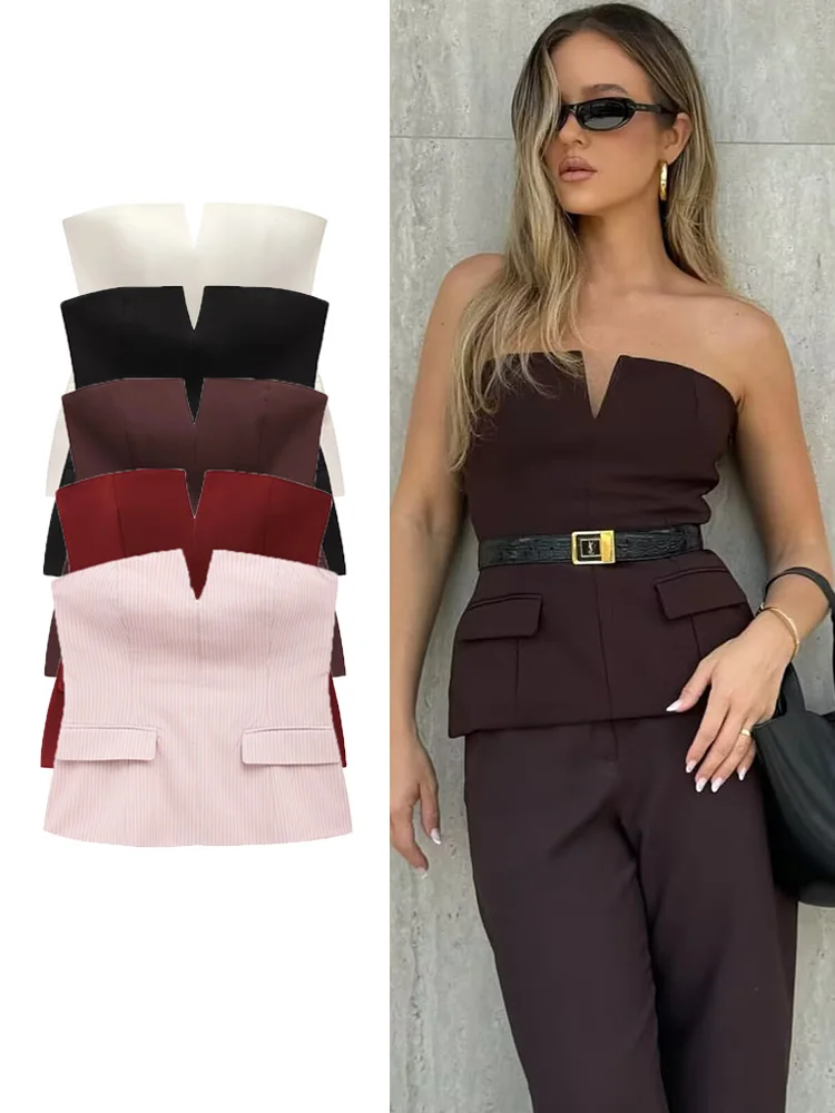 

TFMLN 2025 Women Fashion Strapless Tops Summer Sexy Causal Off Shoulder Backless Tank Tops High Street Ladies Side Zipper Top