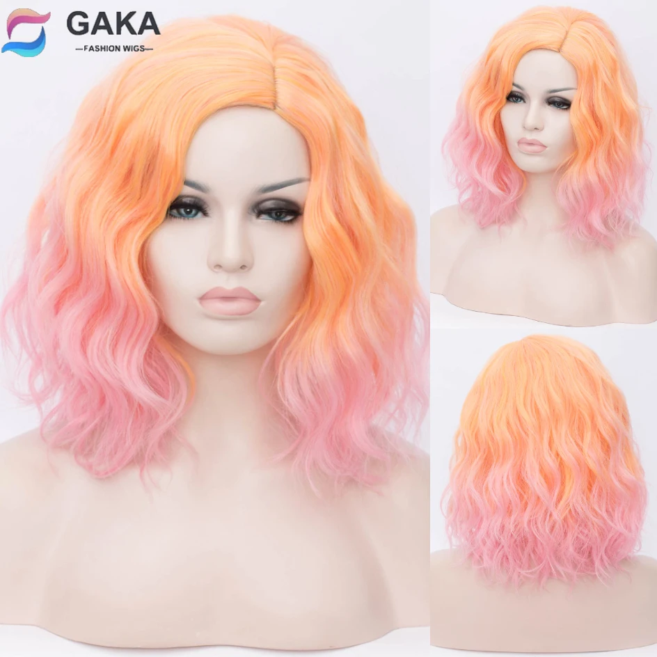 GAKA Women Orange and Pink Ombre Wig Cosplay Water WaveTwo Tone Middle Part Synthetic Wigs Heat Resistant Fiber