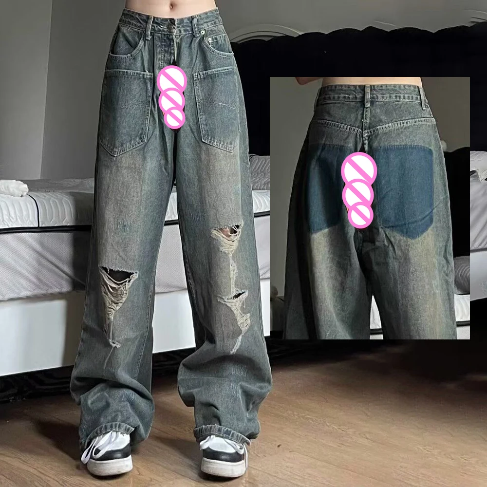 Invisible Open Crotch Outdoor Sex Jeans Men's Summer Streetwear Casual Loose Trousers Exotic Men Clothing Broad Legs Version