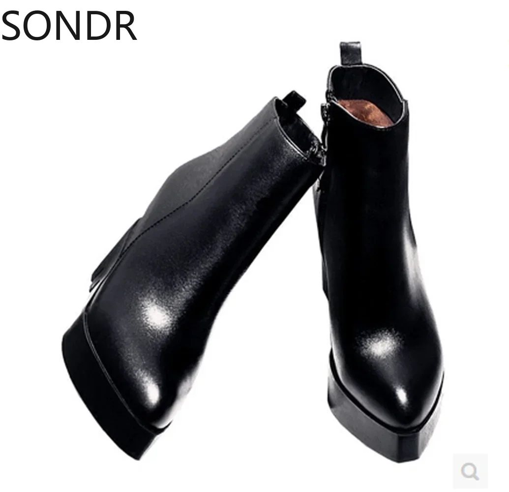 Womens Genuine Leather High Wedge Heels Pointed Toe Ankle Riding Boots Shoes Platform Black Motorcycle Punk Genuine Leather Zip