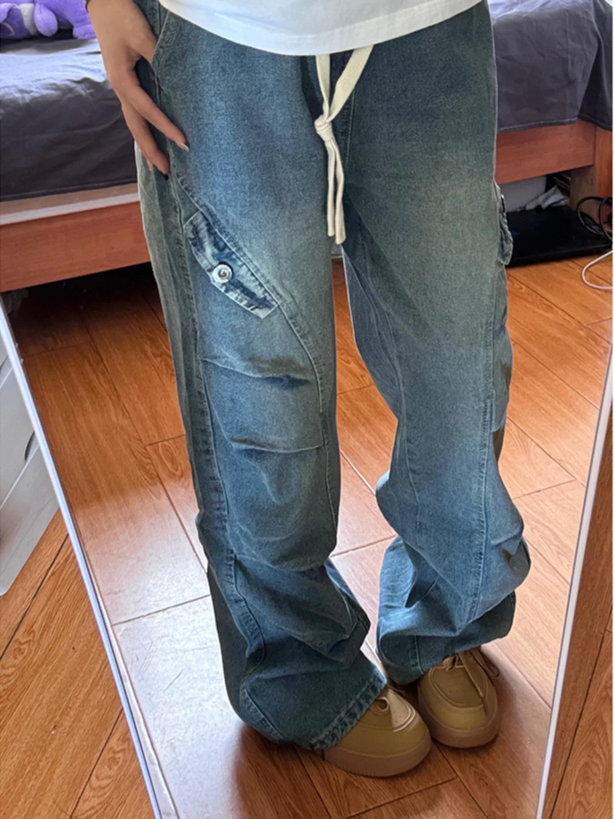 

Blue Folded Straight Leg Men's Jeans Autumn Seasonal Design Casual High Street Sle Workwear Trousers with Dstring