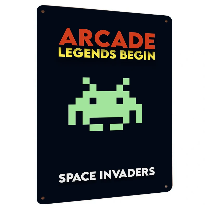 Classic Pixel Style Space Invaders Game Theme Metal Tin Sign Retro Arcade Decorative Wall Art