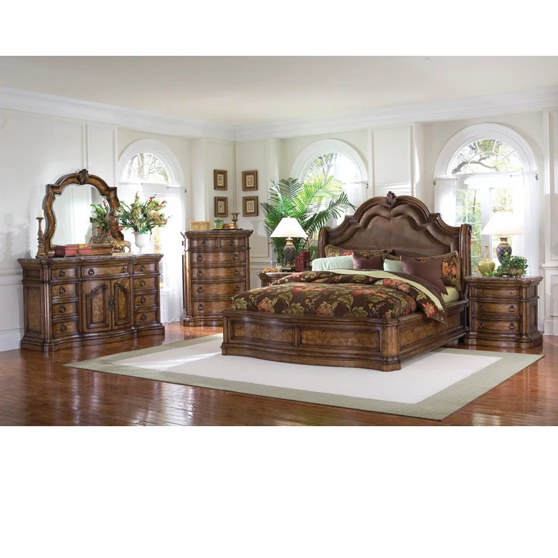 Solid Wood  Double Bed   American Style Country Frosted Leather  Antique Carved 1.8 Meter Soft Queen Bedroom Home Furniture