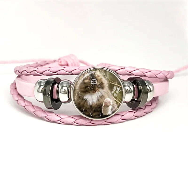 Cartoon Cat Therian Cute Wolf Fox Theta-Delta Pink Leather Bracelet Glass Cabochon Button Multilayer Bangles Wristband Gift