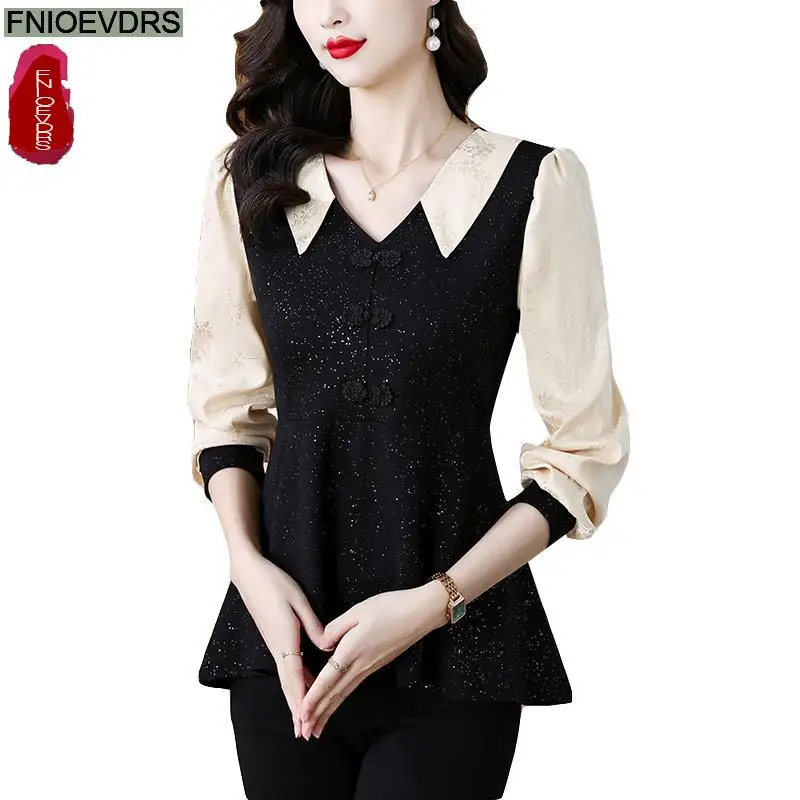 Retro Vintage Black Peplum Bling Tops New Design Women Autumn 2024 Fashion Office Lady Elegant Tunic Button Shirts Blouses