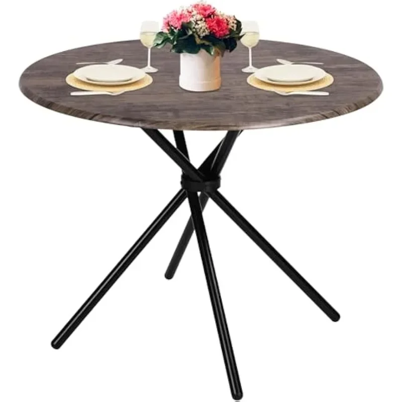 

31.5" Round Dining Table for 2-4 People, Vintage Wood Kitchen Table with Unique Intersecting Pedestal Base and Metal Legs