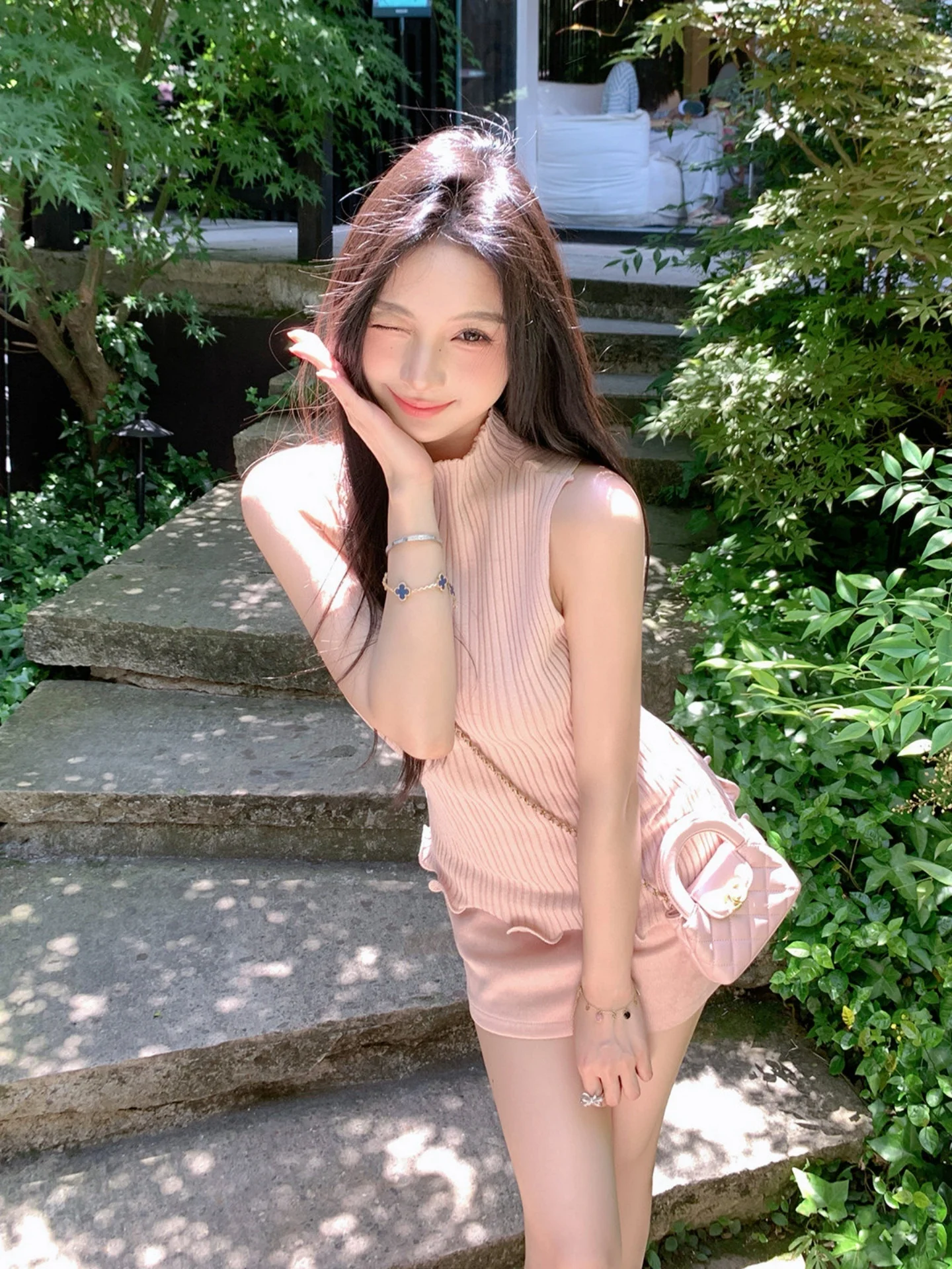 

Pink Knitted Half-High Collar Vest Women's Summer Outerwear Sexy Spicy Waist-Cinching Sleeveless Floral Top
