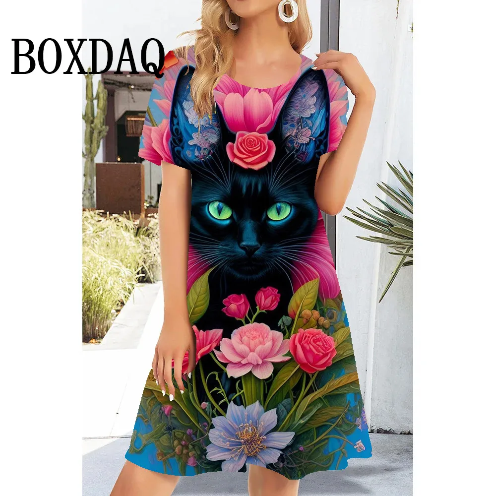 New 2024 Summer Women's Dress Funny Dream Cat 3D Print O-Neck Short Sleeve Loose Mini Dresses Fashion Casual Sweet A-Line Dress